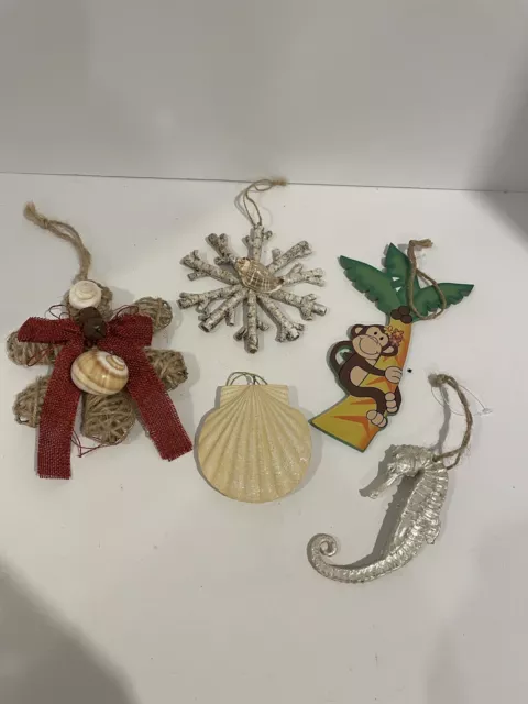 Lot Of 5 Nautical Christmas Ornaments Sea Horse Palm Tress Snowflake Shell