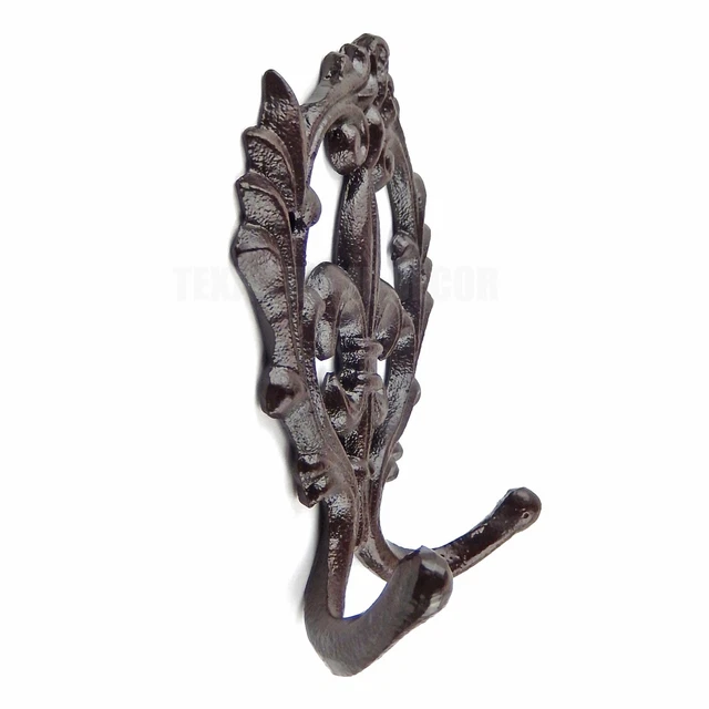Fleur De Lis Scroll Double Wall Hook Coat Rack Key Towel Brown Cast Iron 6.5" 3