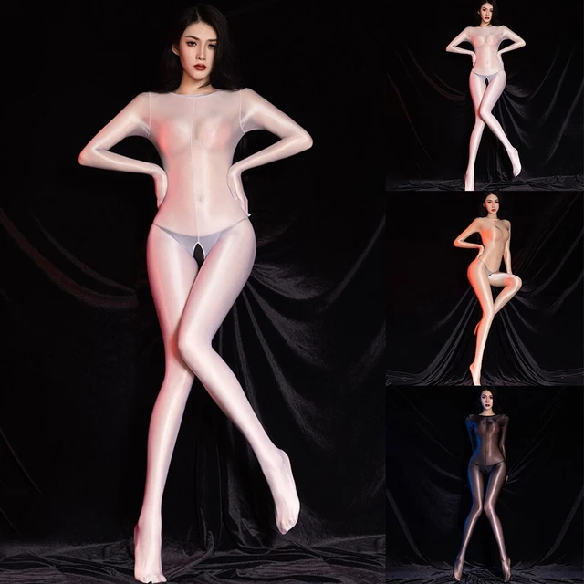 Body donna trasparente collant olio lucido corpo lucido calza cavallo aperto