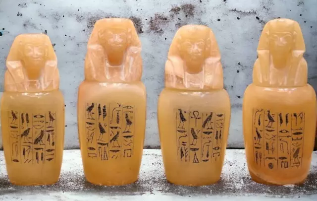 Rare Ancient Egyptian Antiquities 4 Vintage Alabaster Canopic Jars Of King Tut