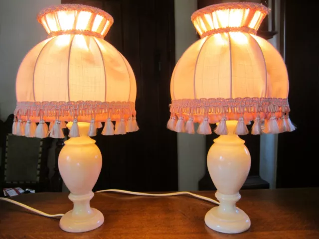 Pair Of Vintage Pink Alabaster Table Lamps With Pink Shades