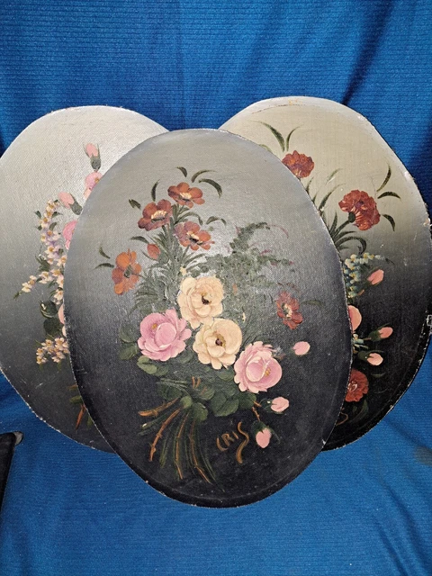 Lote De 3 Oleos Sobre Tabla Ovalada, Bodegón De Flores, Pinturas Firmadas Cris,