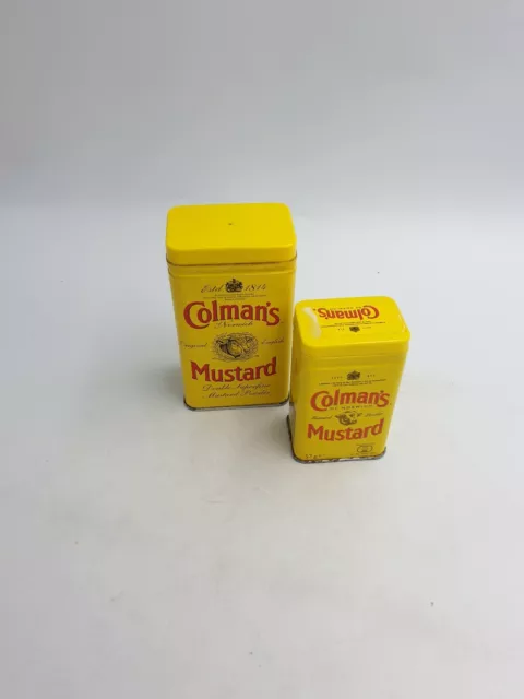 2x Colmans Of Norwich Yellow Mustard Tins Advertising Plastic Lids Bigger Small