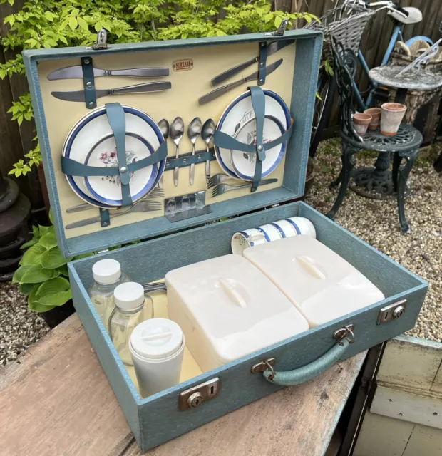 Juego de cestas de picnic Sirram azul y crema vintage y contenido original