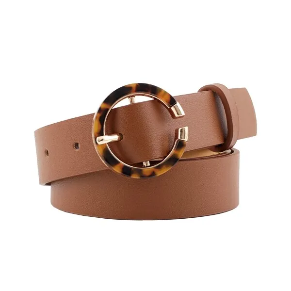 Women Fashion  Solid Color Faux Leather Round Alloy Buckle Waist Belt Waistband