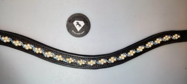 Stirnriemen Leder schwarz geschwungen Perlen weiß hellblau Strass 40,5 cm WB NEU