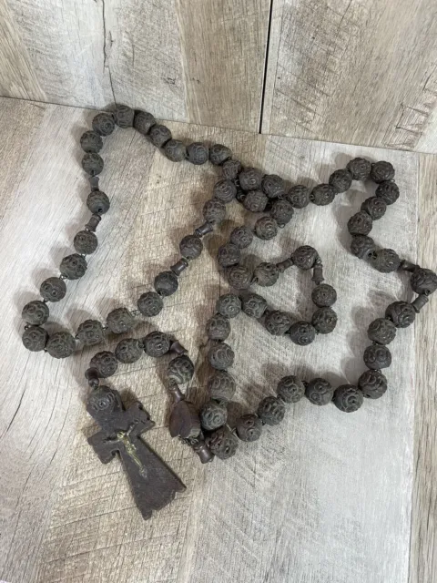 Antique French Wall Rosary Large Hand Carved Wood Beads 44” Long
