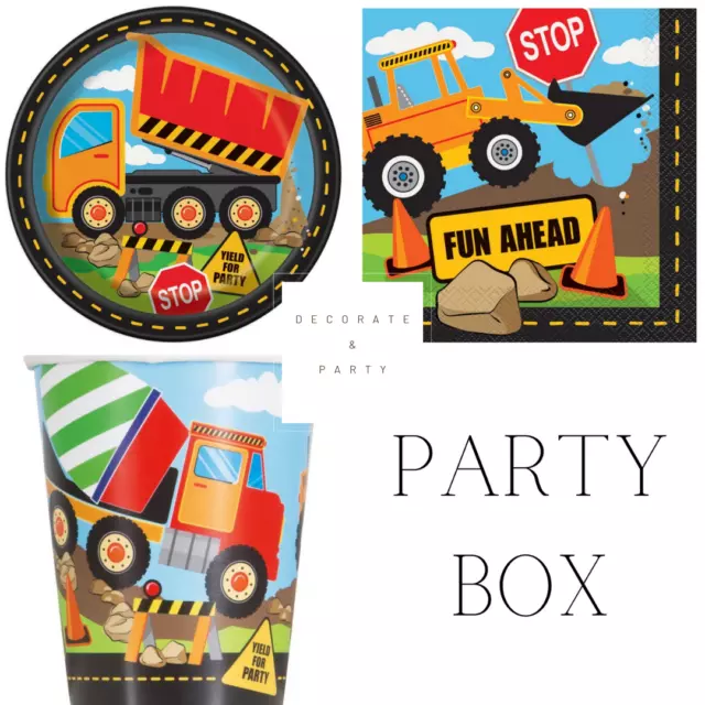 Construction Party Box for 8 Paper Plates Cups Napkins Diggers Building Birthday