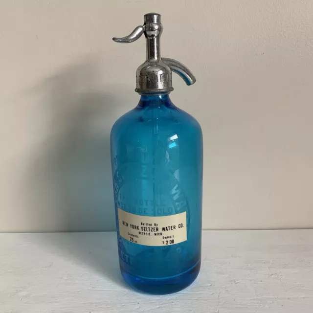 Vintage Detroit New York Seltzer Water Co. Bottle, 11” Blue, Detroit Michigan