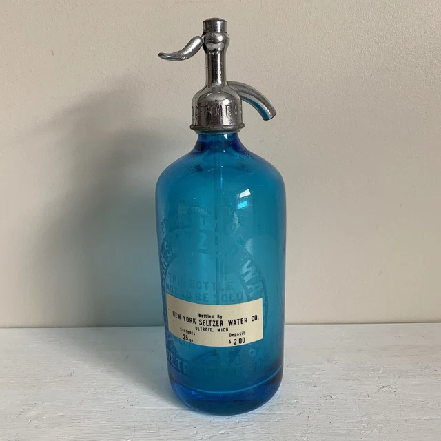 Vintage Detroit New York Seltzer Water Co. Bottle, 11” Blue, Detroit Michigan