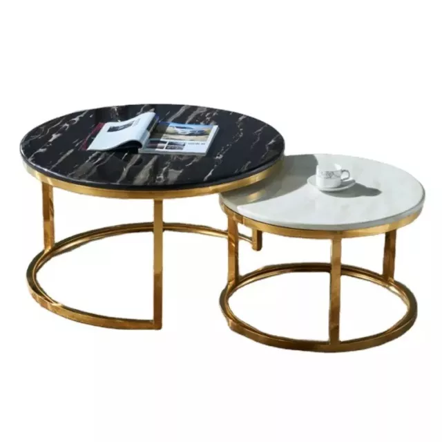Redondo Mesita Baja Set Oro Blanco Negro Mezcla Mármol Mesa de Salón 2 Unidad