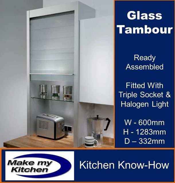 HAFELE GLASS TAMBOUR Kitchen Unit 600mm Assembled - 3 Sockets & Light