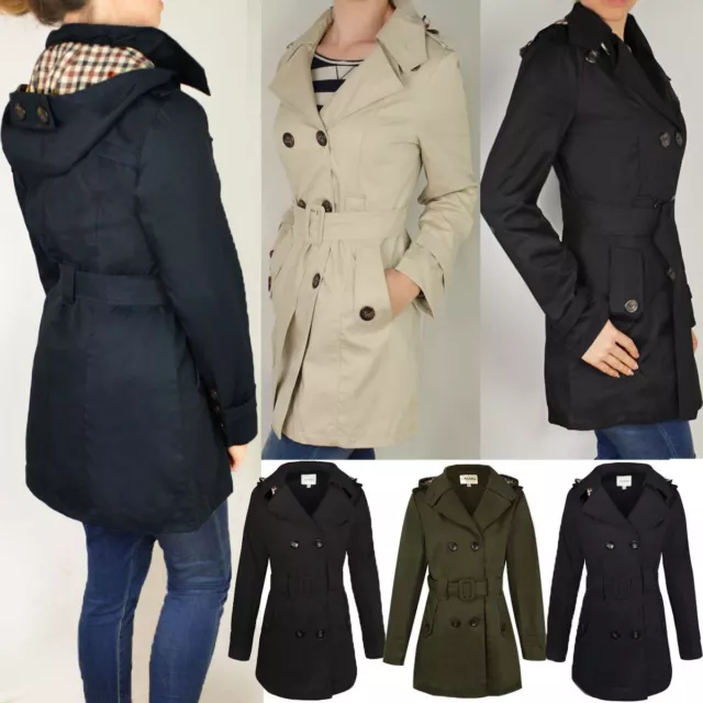 WOMENS LADIES DOUBLE Breasted Mac Belted Coat Canvas Smart Jacket