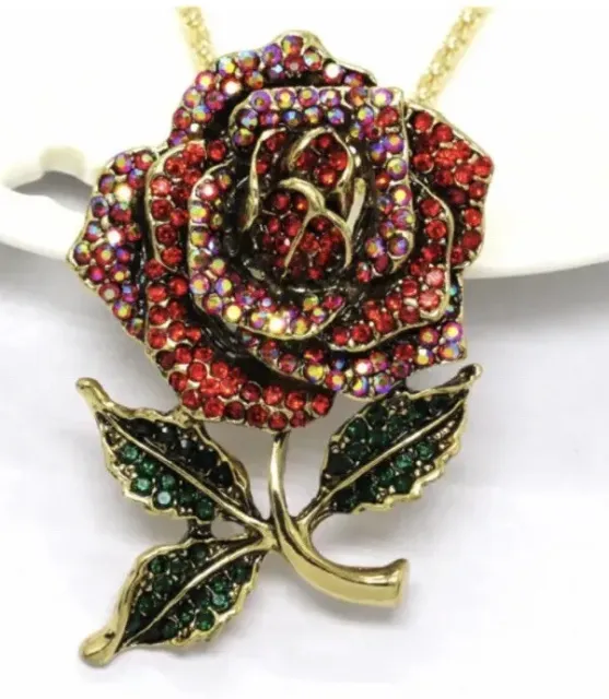 Betsey Johnson Red Lovely Crystal Rose Flower Pendant Chain Necklace NWT