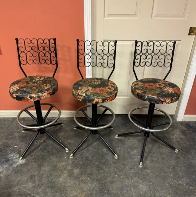 3 Arthur Umanoff Granada Swivel Bar Stools, Wrought Iron Chair,  Mid Century