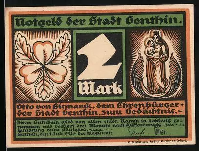 Notgeld Genthin 1921, 2 Mark, Wappen, Portrait v. Bismarck, Ehrenbürger der Sta
