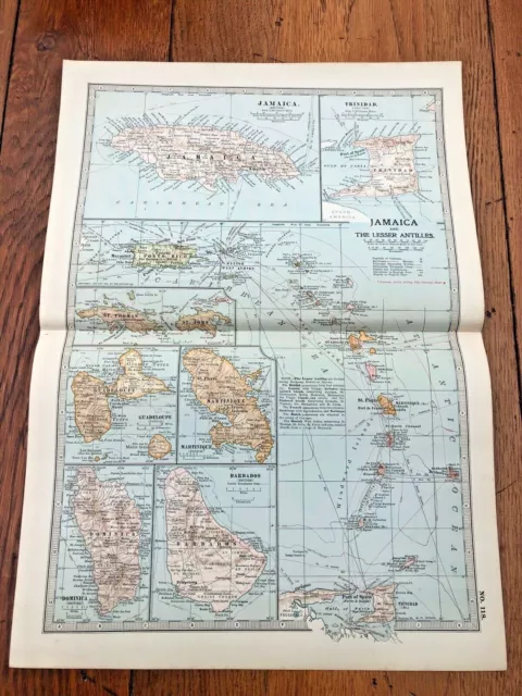 1903 large colour fold out map titled " jamaica & the lesser antilles "