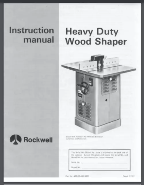 Rockwell Delta Heavy Duty Wood Shaper Later Models 43-205 to 43-351 #1449 