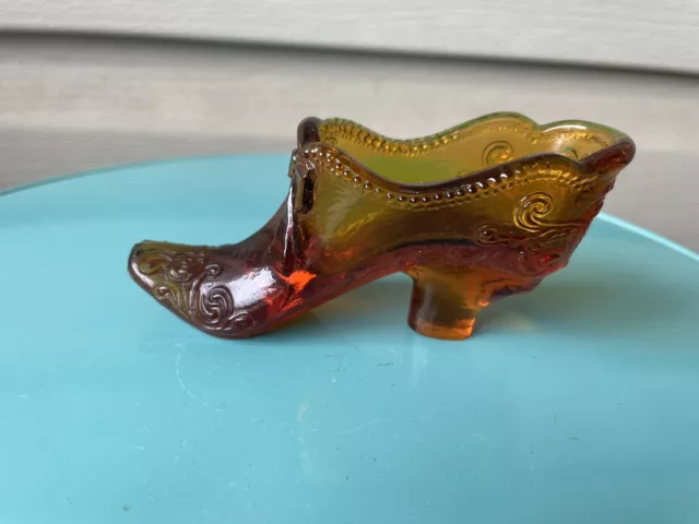 Vintage Mosser Glass Brown Bow Beaded Scroll Shoe Slipper Figurine 4”
