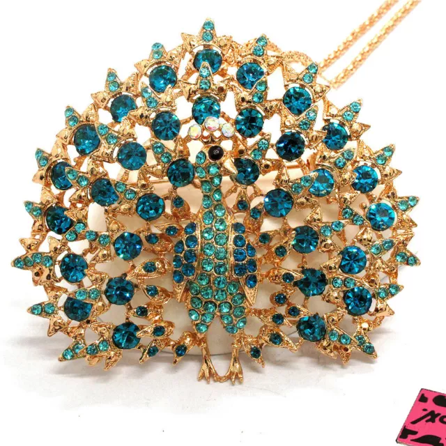 New Betsey Johnson Blue Crystal Bling Peacock Animal Pendant Chain Necklace