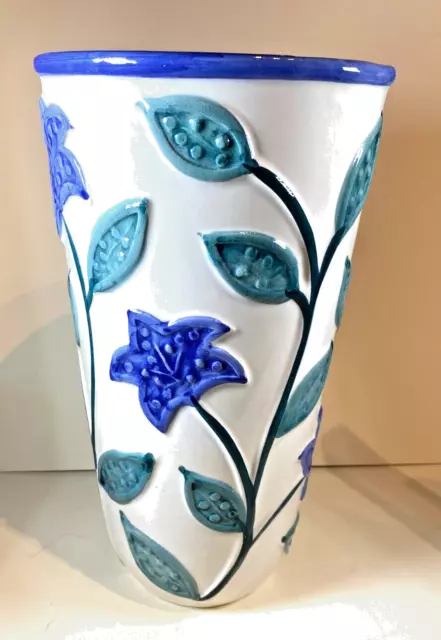 LARGE Oriental (Chinese) Vase 12" Tall x 7" Wide. Embossed blue & green flowers