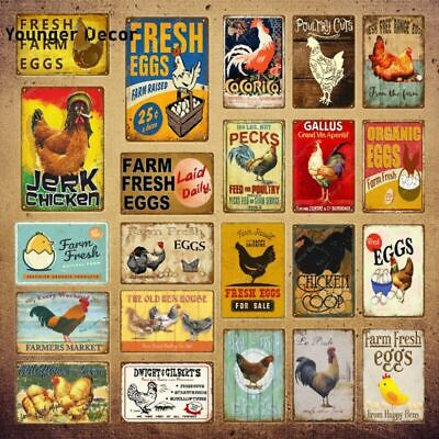 Chicken Tin Signs Vintage Metal Poster Farmhouse Eggs Wall Decor Retro Plaque