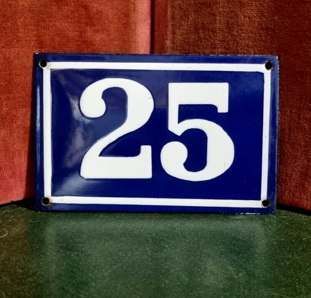 French vintage domed enamel house sign white raised number 25 for door , street