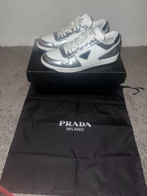 PRADA MENS DOWNTOWN Triangle Logo Metallic Sneakers Retail Value $1100 ...