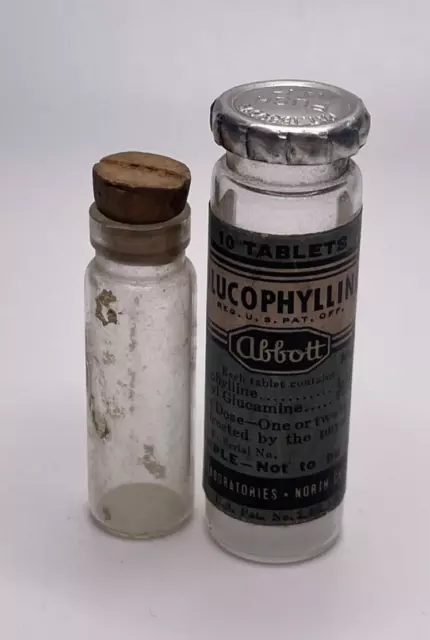 Lot of 2 Clear Round Miniature Poison Bottles, Plain and GLUCOPHYLLINE TABLETS