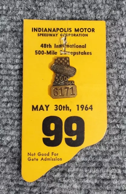 1964 Indy 500 bronze #6171 Pit Pass Pin Badge  with card- Extremely Rare!