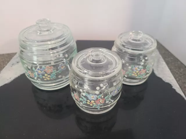 Kruger Glass Nursery,  Jars w/ Lids, Circa 1940 Hand Painted Set of 3, Baby