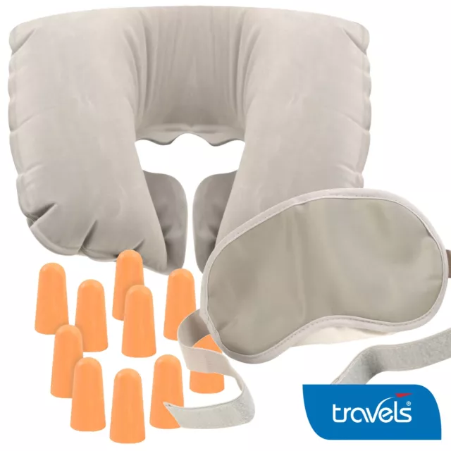 TRAVEL PILLOW SLEEP MASK & EAR PLUGS SET Eye Neck Head Support Sleeping Earplugs