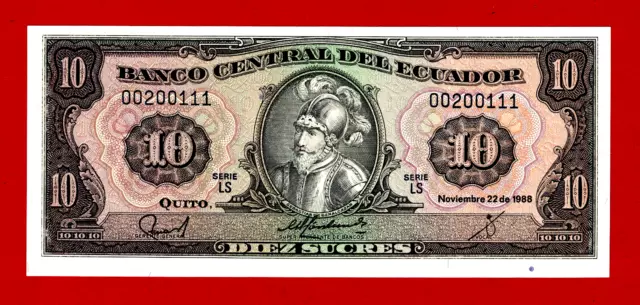 10 SUCRES 1988 ECUADOR UNC NOTE (P-121a.10) Serie: LS, Batlle, Galarza & Delgado