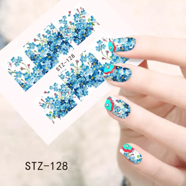 Manicura Adhesivos Tiras Blanco Azul Verano Flores Floral Esmalte en gel (128)