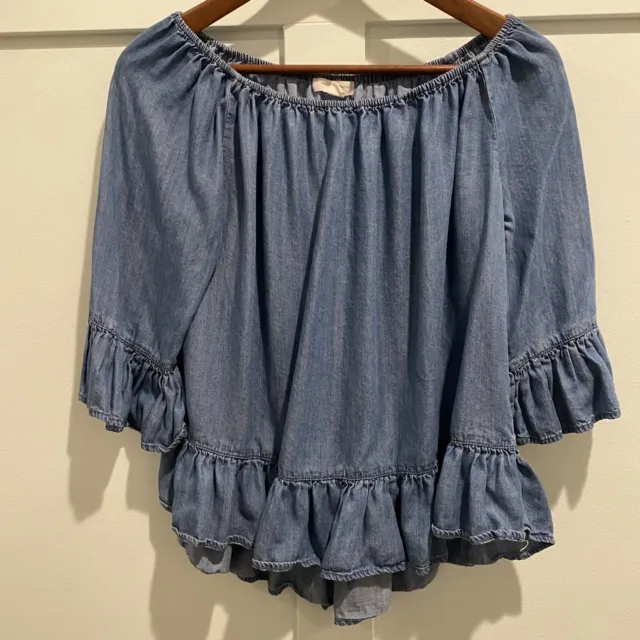 Beach Lunch Lounge Top Size XS Blue Chambray Off Shoulder Ruffle Hem Blouse