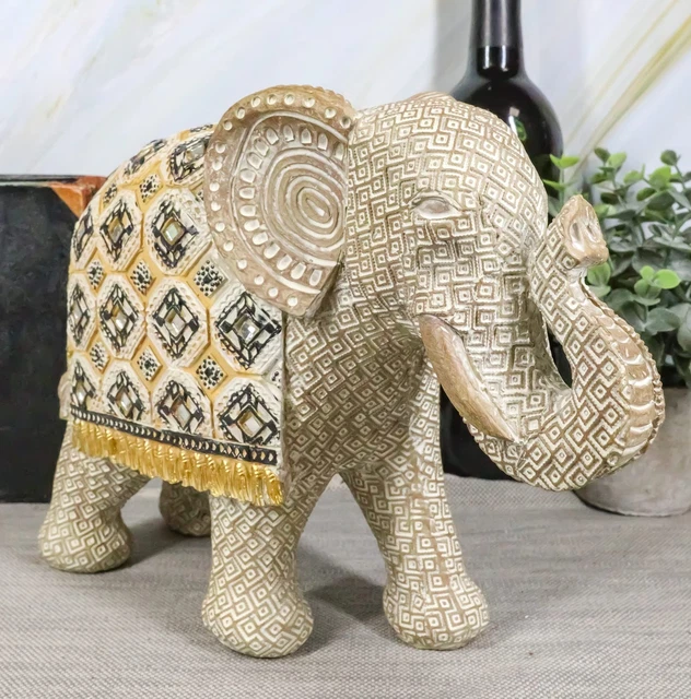 Ebros Large Gold Accent Mosaic Design Noble Elephant with Trunk Up Statue 9" ...