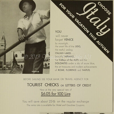 1936 Italy Vacation Venice Gondola Italian Travel photo art decor vintage ad