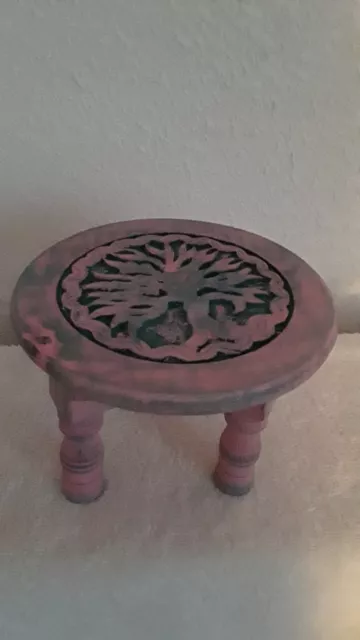 Dollhouse 1:6 Scale Wood Top Carved Tree Of Life Design Table Pink/Peacock Blue