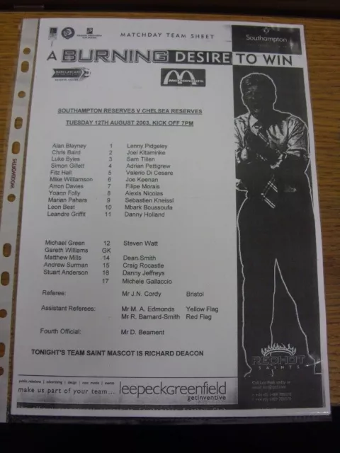 12/08/2003 Southampton Reserves v Chelsea Reserves  (Single Sheet). Any faults w