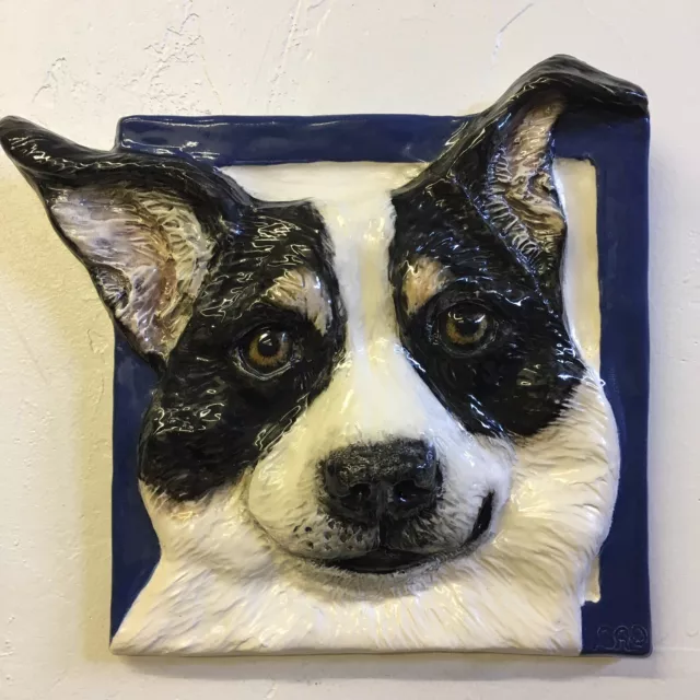 Rat Terrier Dog Tile Bas-Relief Ceramic IN STOCK sculpture Sondra Alexander Art