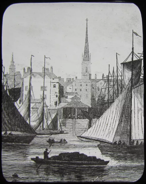 Glass Magic Lantern Slide BILLINGSGATE LONDON C1890 VICTORIAN DRAWING