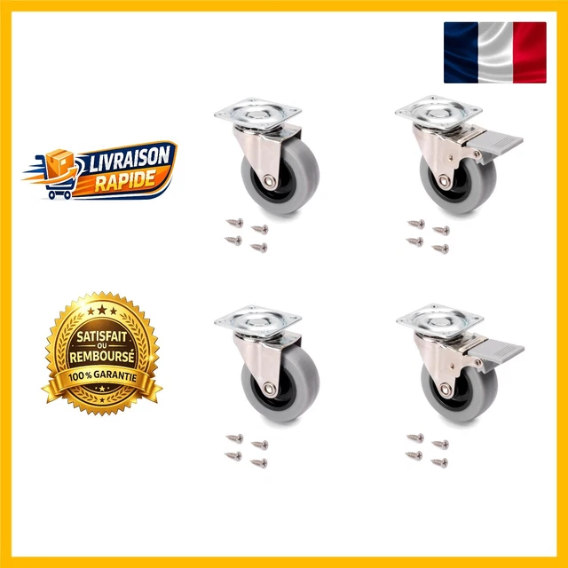 Lot de 4 Roulettes Pivotantes 50mm, DIAOCARE 100kg pour Meubles, Type L Roue Avec Rotation à 360°, pour intérieur et extérieur(2 Roulette Avec Frein, 2 Roulette Sans Frein), Acier,Caoutchouc, Blanc