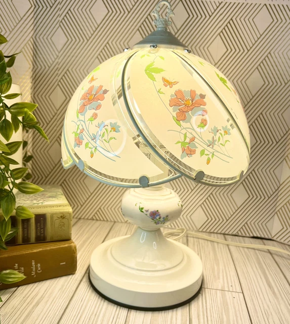 Vintage glass panel lamp Underwriters Lab floral table Lamp -1990s pink blue
