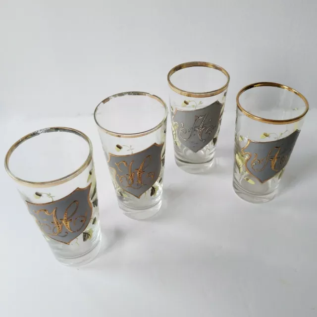 Antique 19C Enamelled Crystal Drinking Glasses Set of 4, Initials A H, French 3