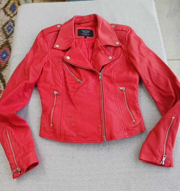 Zara Genuine Red Leather Biker Jacket with Ribbed Sides Kendall Jenner - Size M