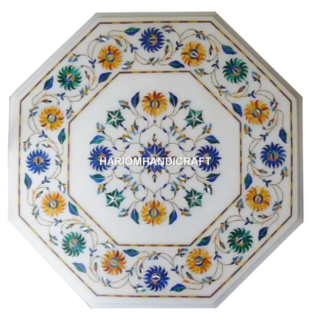 White Marble Coffee Table Top Lapis Hakik Marquetry Inlay Floral Decor Art H2935