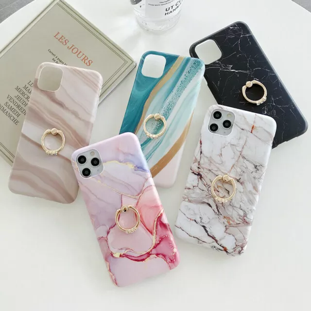 For iPhone 13 12 11 Pro Max 8 7 Plus Marble Case Ring Stand Holder Phone Cover