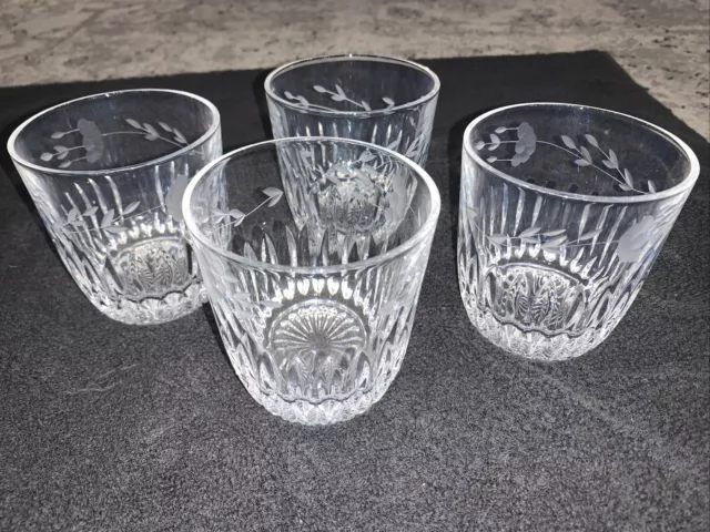 4 - Princess House Heritage 10 Oz Old Fashioned 3.5" Floral Etched Cut Glasses