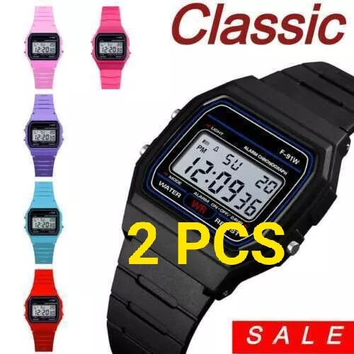 2Pcs F 91W Classic Digital Resin Strap Watch Stopwatch Chronograph Sport Unisex