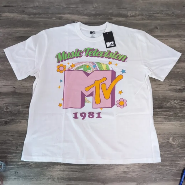 MTV Logo Music 1981 TV 80's Retro White Graphic Men's T-Shirt Tee 1X XL NWT